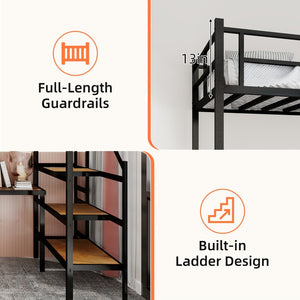 English Elm Loft Bed with L-shaped Desk Stair Storage and Full Guardrail Iron Frame Black W1935S00007