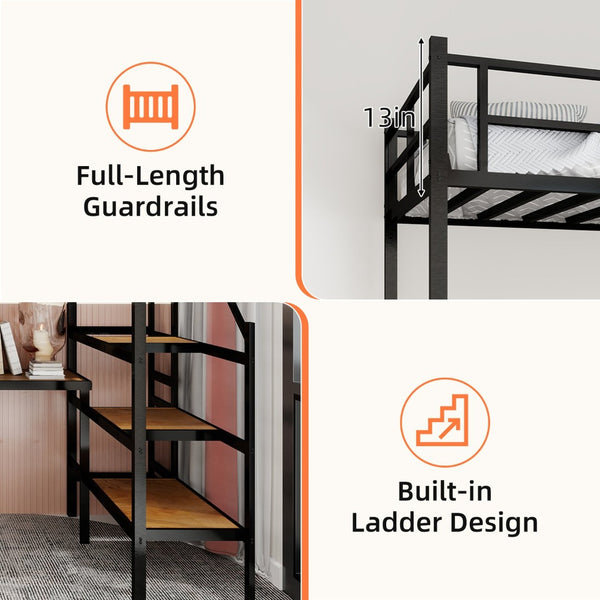 English Elm Loft Bed with L-shaped Desk Stair Storage and Full Guardrail Iron Frame Black W1935S00007