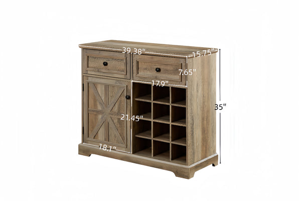 English Elm Farmhouse Wine Cabinet Bar with 12-Bottle Rack, Removable Storage, Glass Holder & Vintage Top Finish Gray Wash W1758P210364
