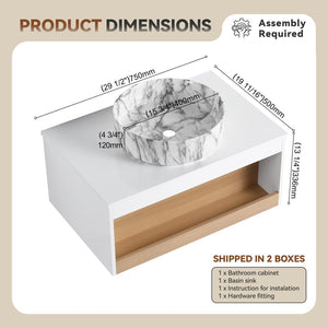 English Elm 30" Floating Wall Mount Bathroom Vanity Open Shelf Ceramic Vessel Sink Modern White Grey+White,White + Light Oak W3450S00059