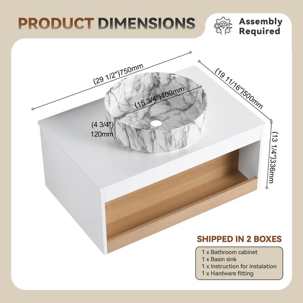 English Elm 30" Floating Wall Mount Bathroom Vanity Open Shelf Ceramic Vessel Sink Modern White Grey+White,White + Light Oak W3450S00059