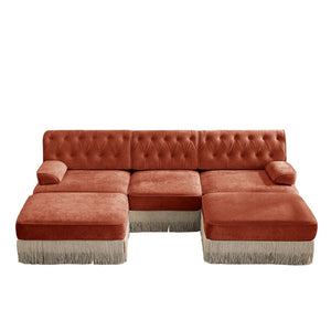 English Elm U Shaped Velvet Chesterfield Sectional with Tufting Tassel Fringe Skirt Modular Living Room Sofa Red+Brown W714S01724