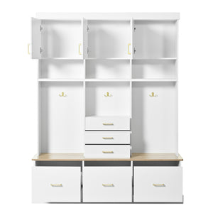 English Elm U-Can Multifunctional 75" Hall Tree with Bench, 3 Cabinets, 6 Drawers, Shelves & Anti-Tip Design White SJ000152AAK