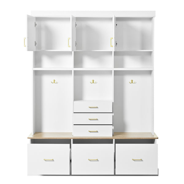 English Elm U-Can Multifunctional 75" Hall Tree with Bench, 3 Cabinets, 6 Drawers, Shelves & Anti-Tip Design White SJ000152AAK