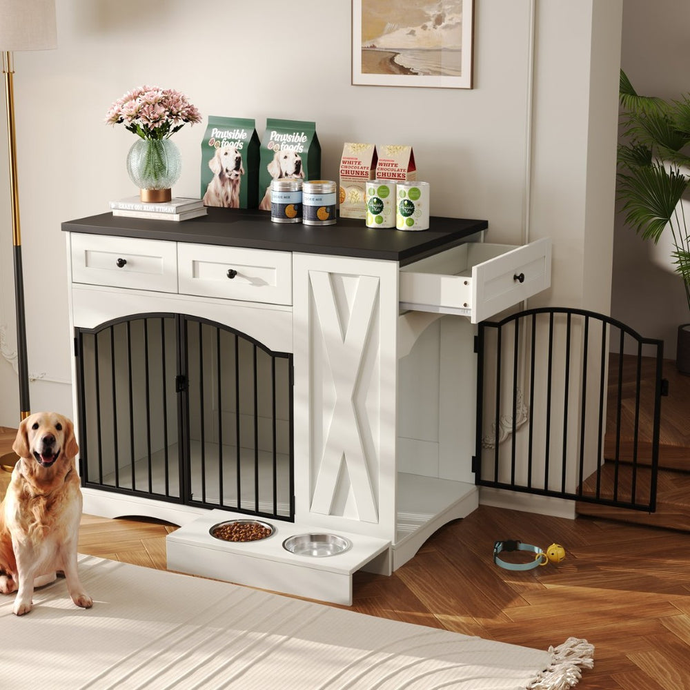 English Elm Go Farmhouse White Wood Dog Crate End Table with Three Drawers and Iron Door Panels N704P338959K