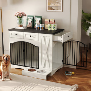 English Elm Go Farmhouse White Wood Dog Crate End Table with Three Drawers and Iron Door Panels N704P338959K