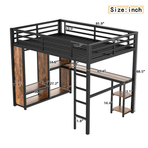 English Elm Queen Size Loft Bed Frame With Integrated Wardrobe, Desk & Storage Shelves For Space-Saving Style W1580S00178-GIGA