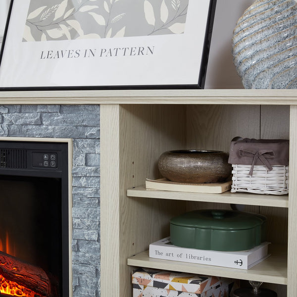 English Elm Large Faux Stacked Stone TV Desk Storage Rack with 23" Fireplace Insert, White Media Console, 75" TV Ready, Ample Storage, Adjustable Shelves, Cable Management W1758S00014