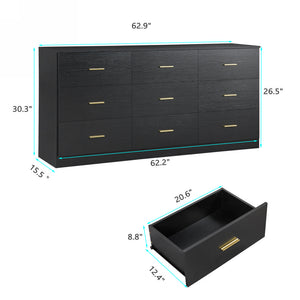 English Elm Modern 9-Drawer Black Dresser — Sleek 3-Column Chest, Waterproof Surface, Sturdy Engineered Board Storage W1785P324460