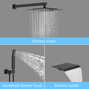 English Elm Rain 10-Inch Square Shower System with Waterfall Tub Spout, Handheld Sprayer, Pressure-Balanced Valve Combo Matte Black T3177P269099