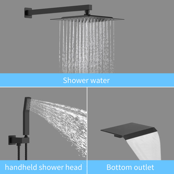 English Elm Rain 10-Inch Square Shower System with Waterfall Tub Spout, Handheld Sprayer, Pressure-Balanced Valve Combo Matte Black T3177P269099
