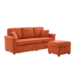 English Elm UNITED Corduroy L-Shaped Sectional Sofa with Storage Ottoman, USB Ports, Cup Holders & LED Lighting Orange W1568P332402