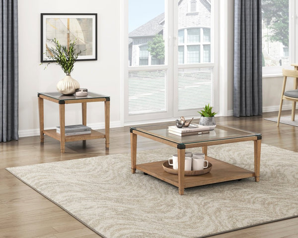 English Elm Modern Square Glass Top Coffee Table with Brown Wood Base Casters and Open Shelf B011P459334