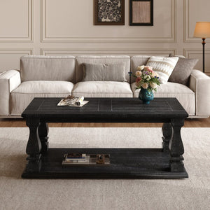 English Elm Farmhouse Coffee Table Solid Planked Wood with Open Shelf Square Baluster Living Room Antique Black W1445P362860