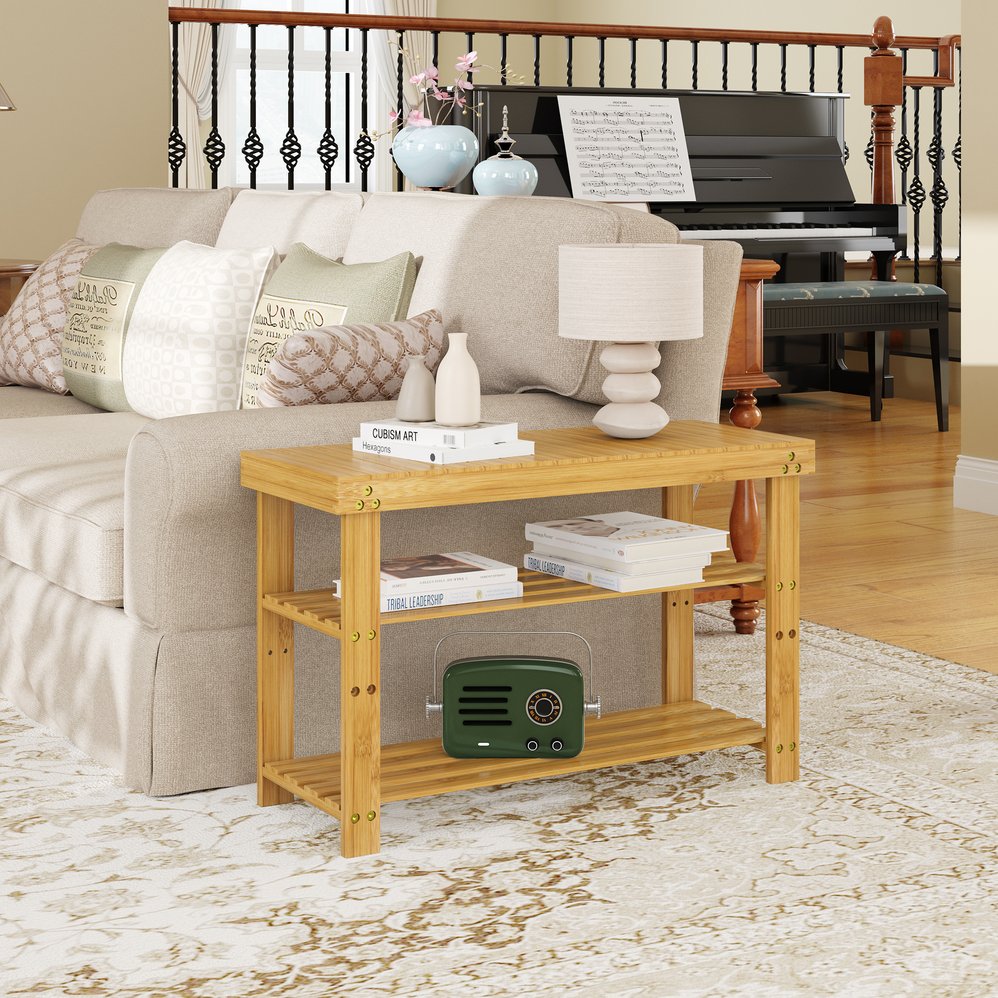 English Elm Bamboo 3-Tier Shoe Bench with Cushion & Adjustable Shelves, Durable Bamboo Frame, Khaki, 27.5" W T3210P293769