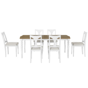 English Elm 7-Piece Extendable Dining Set with Removable Leaf and 6 Upholstered Chairs, Solid Rubberwood Legs, Seats 6 Natural+White N752S000030K