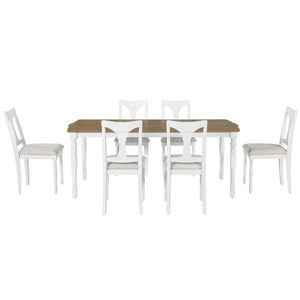 English Elm 7-piece Oak Veneer Extendable Dining Set with 6 Upholstered Chairs for Farmhouse Kitchens Natural+White N752S100030K