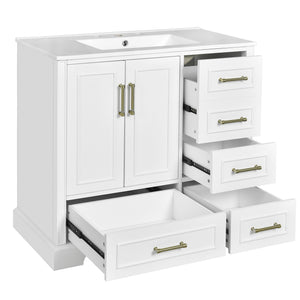English Elm 36" Traditional Bathroom Vanity with Ceramic Sink, Solid Wood Cabinet, Soft-Close Doors & Drawers White N729P251630K