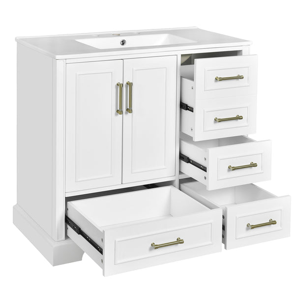 English Elm 36" Traditional Bathroom Vanity with Ceramic Sink, Solid Wood Cabinet, Soft-Close Doors & Drawers White N729P251630K