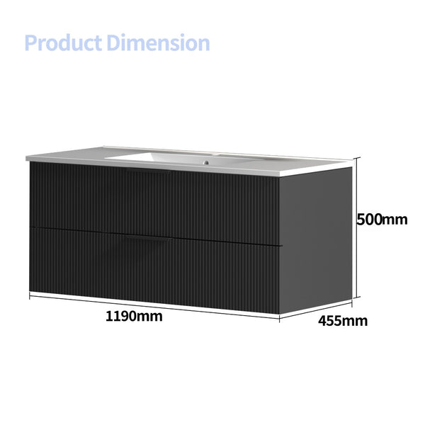 English Elm 48 Inch Floating Bathroom Vanity Fluted Matte Black with Ceramic Sink and Soft Close Drawers W3520S00040