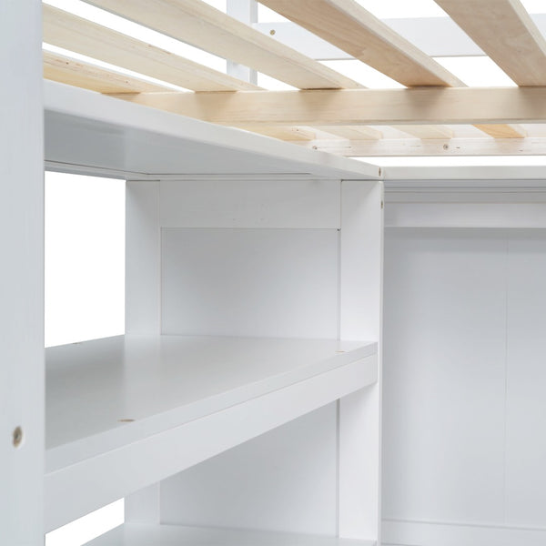 English Elm Wood Full Loft Bed with Integrated Wardrobe Desk Shelving and Drawers for Teen Rooms White GX000466AAK-1