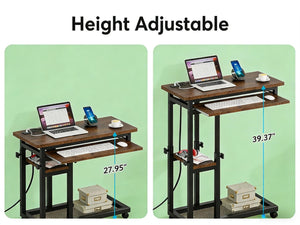English Elm Side Rolling C Table with Adjustable Height Keyboard Tray and Built in Charging Outlet T3971P448106