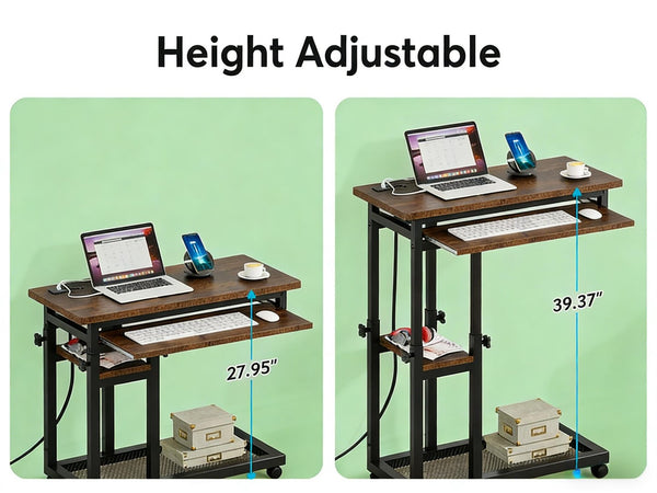 English Elm Side Rolling C Table with Adjustable Height Keyboard Tray and Built in Charging Outlet T3971P448106