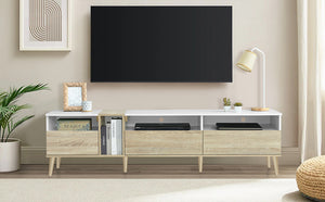 English Elm Modern TV Stand with 3 Drawers & 4 Open Shelves, 80" Media Console White+Wood, Cable Management, P2 Board N710P234108K