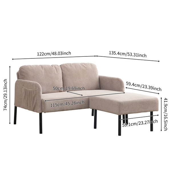 English Elm Beige 2-Seater L-Shaped Sofa with Ottoman — Modern Polyester Fabric, Foam Cushions for Small Spaces W1164S00030