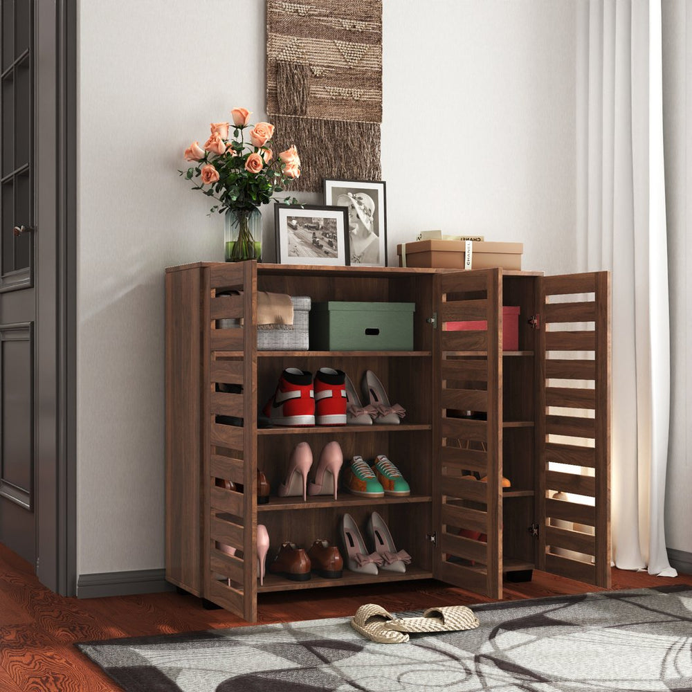 English Elm Shoe Cabinet 4-Tier Adjustable Shelf Organizer with Louvered Doors for Entryway, Bedroom, Closet Walnut W331P242462