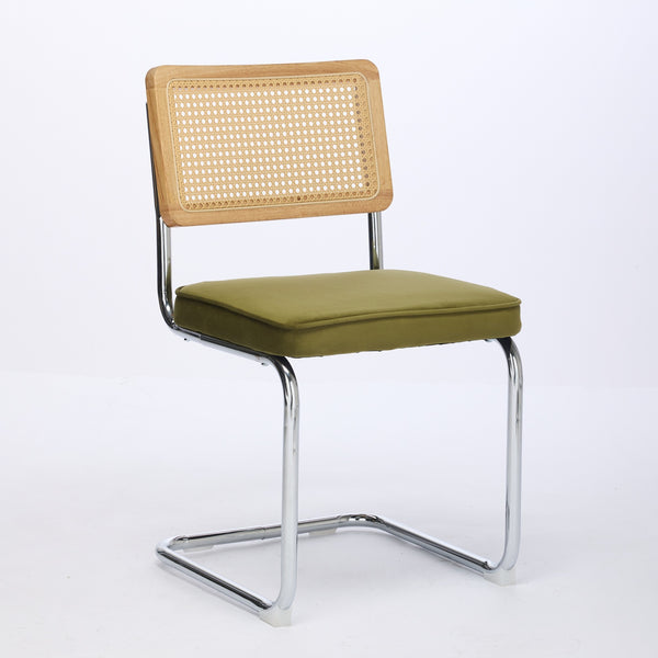 English Elm Mid Velvet Mid Century Dining Chair with Rattan Back, Solid Wood Frame, Plush Velvet, 360lb Capacity Olive Green W1143P168320