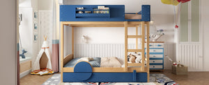 English Elm Full Bunk Bed with Trundle Bookshelf Storage Pine Frame Car Design for Kids Blue,Natural W1580S00445