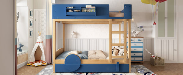 English Elm Full Bunk Bed with Trundle Bookshelf Storage Pine Frame Car Design for Kids Blue,Natural W1580S00445