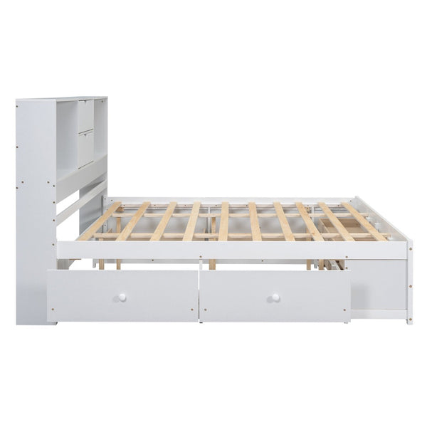 English Elm King Platform Bed with 8 Drawers Open Headboard Compartments and Pine Wood Frame White GX000454AAK-1