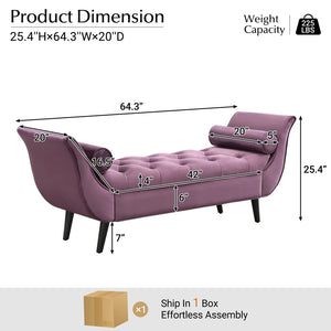 English Elm Upholstered Velvet Tufted Bench with Bolster Pillows Solid Oak Legs Bedroom Entryway Purple N761P304407P