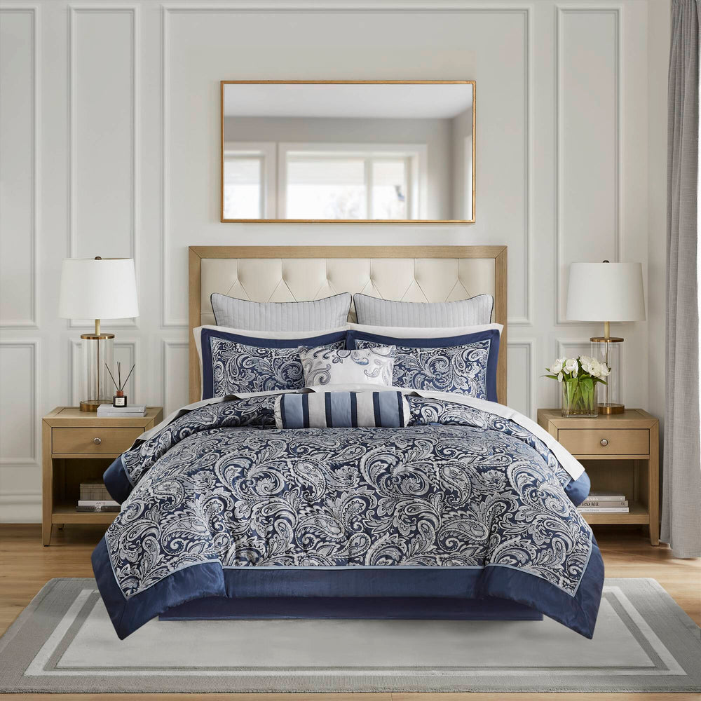 JLA Home Madison Park - 12 Piece Comforter Set with Jacquard Paisley Texture, Reversible Comforter & 100% Cotton Sheets, Elegant Retreat Navy MP10-4696