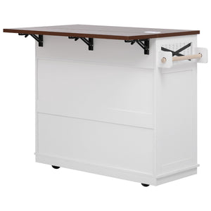 English Elm K&K 46.5'' Farmhouse Kitchen Island Cart with Beaded Drapes, Drop Leaf, Power Hub, Ample Storage White N707P254872W