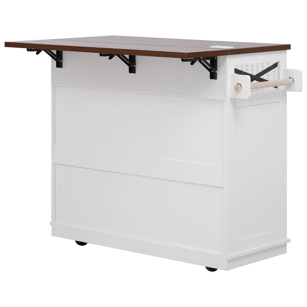 English Elm K&K 46.5'' Farmhouse Kitchen Island Cart with Beaded Drapes, Drop Leaf, Power Hub, Ample Storage White N707P254872W
