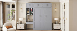 English Elm Queen Murphy Bed with Integrated Desk Cabinet Shelves Space Saving Studio Solution Gray N708S00021E-1