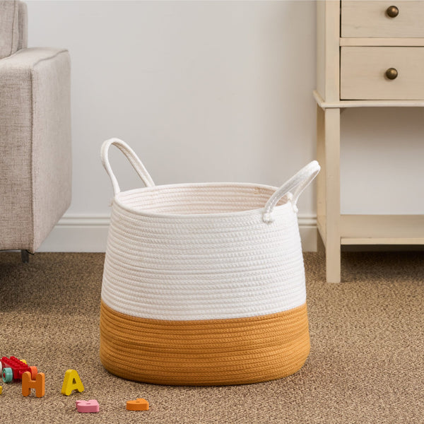 English Elm Cotton Round Laundry & Storage Basket with Sturdy Handles 21.7"x13" Spacious Neutral Two-Tone Design Orange,White B093P295088
