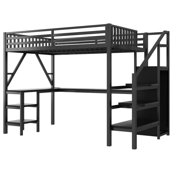 English Elm Metal Full Loft Bed with L Shaped Desk Wardrobe Rgb Lighting and Usb Charging Black W2593S00053