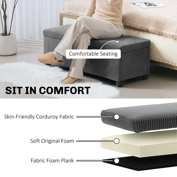 English Elm End of Bed Storage Bench Ribbed Corduroy Upholstered Lift Top with 22 Gallon Cavity T3971P431196
