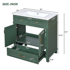 English Elm 30'' Bathroom Vanity with Sink - Retro Solid Wood Frame, Ceramic Basin, Soft-Close Doors & Ample Storage Green N710P190656F