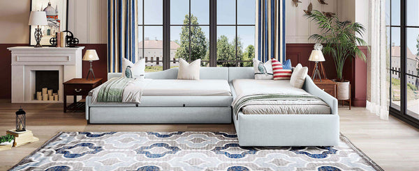 English Elm Upholstered Twin Daybed with Pull Out Trundle Linen Blend Sofa Style Studio Bed GX001316AAA