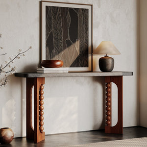 English Elm 59'' Farmhouse Wood Console Table Sculptural Beaded Base Sofa Entryway Accent W2263P426704