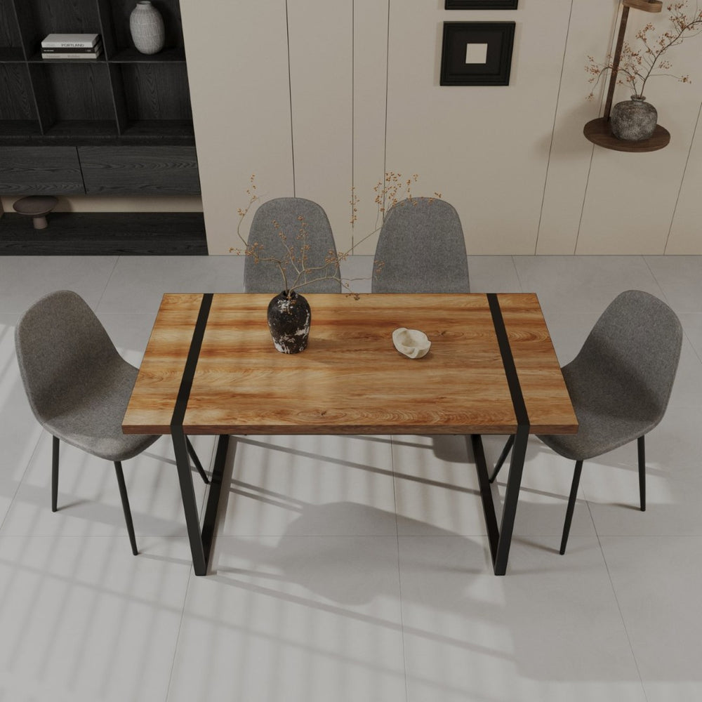 English Elm 59" Industrial Dining Set with Suede Chairs Matte Metal Base Mdf Table Seats Four Brown Grey W2189S00932