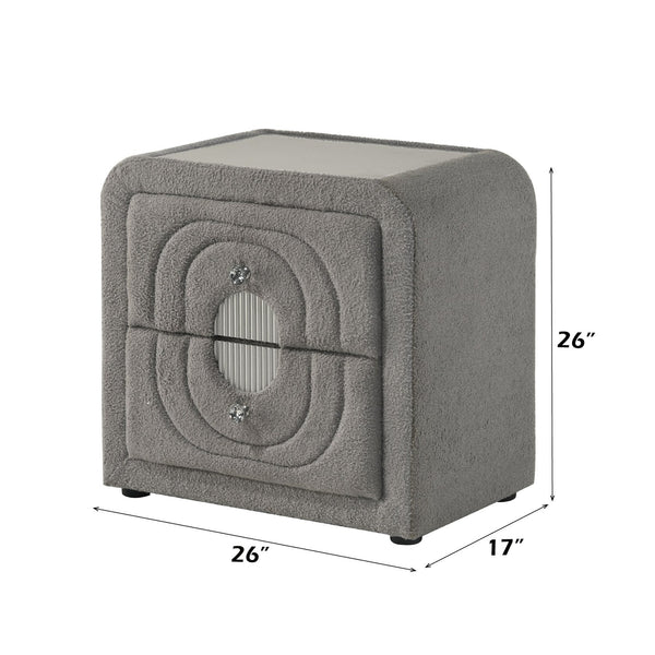 English Elm Shelyn Plush Gray Teddy Sherpa Nightstand with Chrome & Crystal Knobs, Glass Top, Durable Drawers B2726P375347