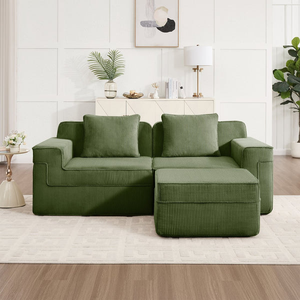 English Elm Modular 2-Seat L-Shape Sectional Sofa In Green Corduroy, Ultimate Comfort With Movable Ottoman & Pillows W3041S00330