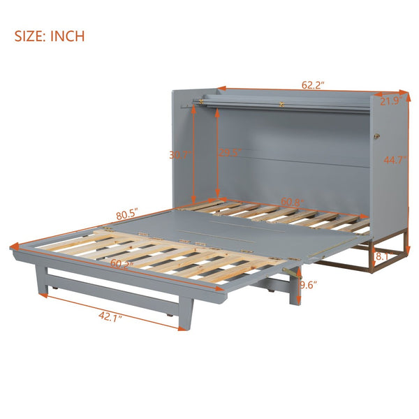 English Elm Queen Size Murphy Bed With Iron Legs - Modern Gray Design, Space-Saving Solution For Compact Living N820S00035E-GIGA