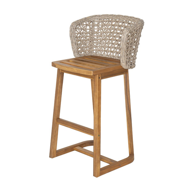 English Elm Outdoor Acacia Wood Barstools Set of 4 Wicker Back Teak Finish Patio Seating N773OB00134B